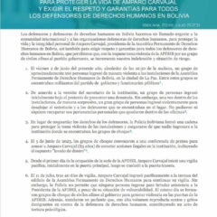 LLAMADO URGENTE A LA COMUNIDAD INTERNACIONAL PARA PROTEGER LA VIDA DE AMPARO CARVAJAL Y EXIGIR EL RESPETO Y GARANTÍAS PARA TODOS LOS DEFENSORES DE DERECHOS HUMANOS EN BOLIVIA.