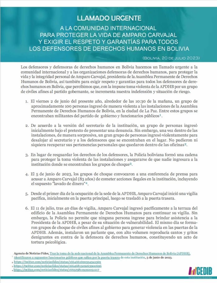 LLAMADO URGENTE A LA COMUNIDAD INTERNACIONAL PARA PROTEGER LA VIDA DE AMPARO CARVAJAL Y EXIGIR EL RESPETO Y GARANTÍAS PARA TODOS LOS DEFENSORES DE DERECHOS HUMANOS EN BOLIVIA.