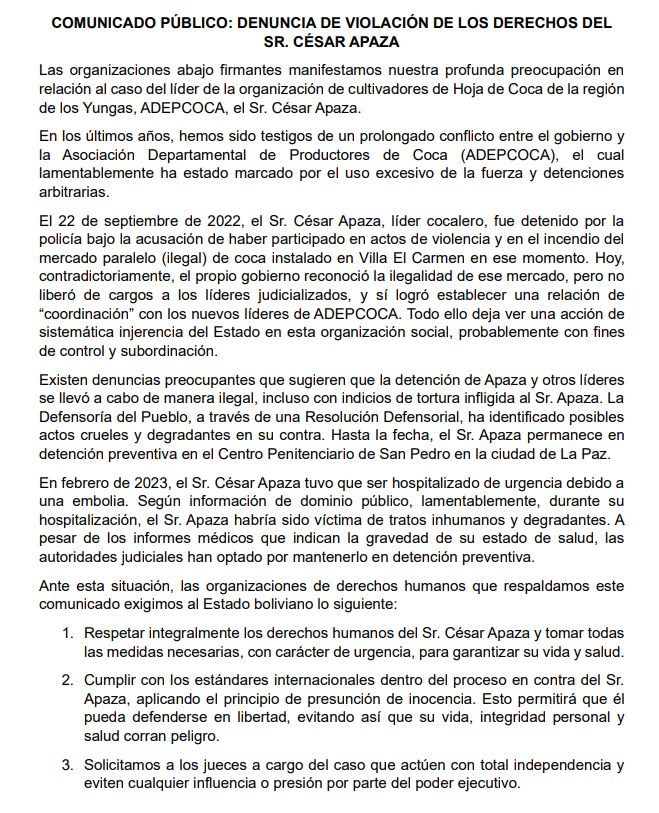 Comunicado público: Denuncia de violación de los derechos del Sr. César Apaza