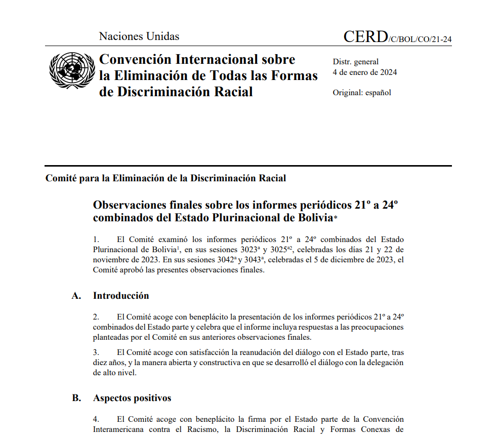 Documento CERD Observaciones finales sobre los informes periódicos 21º a 24º combinados del Estado Plurinacional de Bolivia