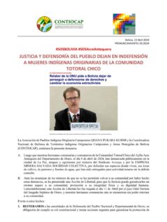 Pronunciamiento Justicia e Indefención Defensoras Totoral Chico, Acre Antequera (13/04/2024)
