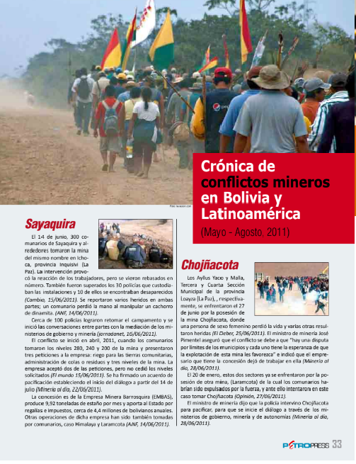 Petro26Cronol Petropress 26 | Cronología de conflictos mineros en Bolivia y en Latinoamérica Mayo a agosto 2011