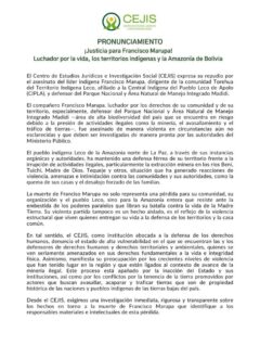 Pronunciamiento CEJIS | Justicia por Francisco Marupa luchador por la vida