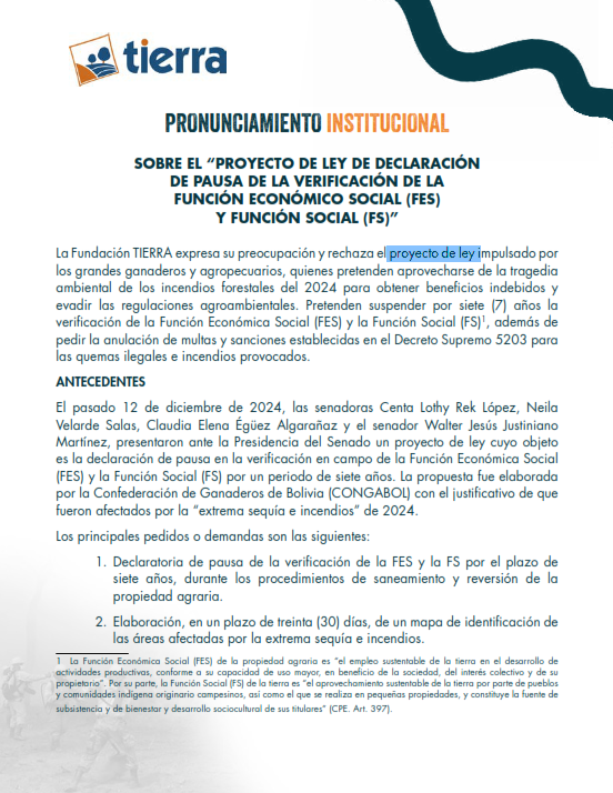 Pronunciamiento Fundación Tierra | Proyecto de ley de declaración de Pausa 2025