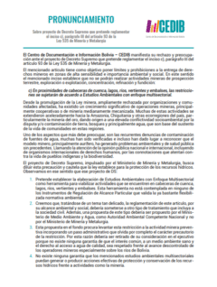 Pronunciamiento sobre el Decreto Supremo que pretende reglamentar el inciso c, parágrafo III del artículo 93 de Ley 535 de Minería y Metalurgia