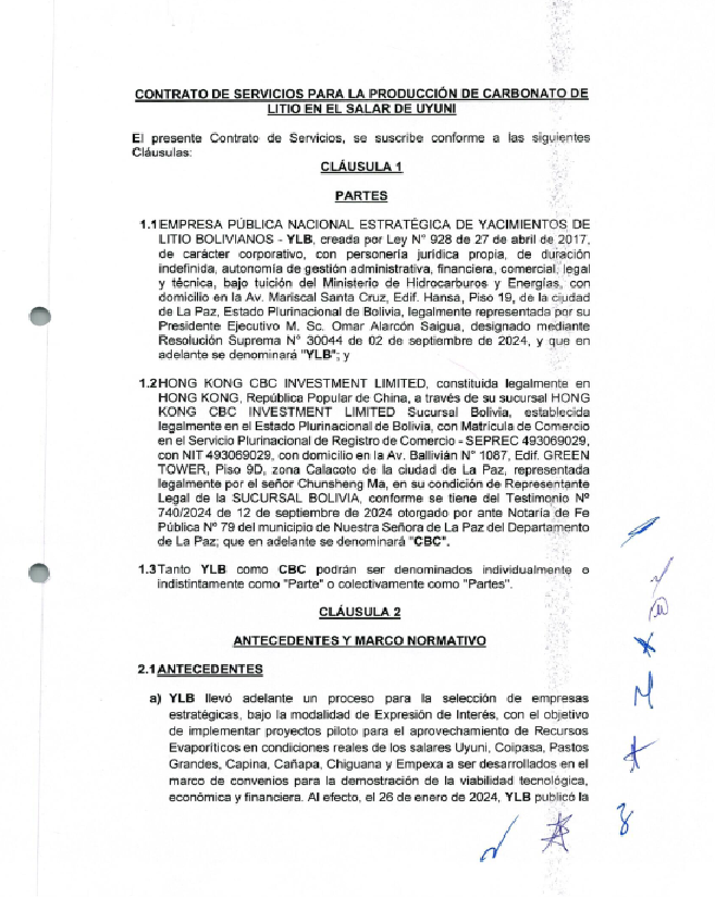 Contrato de servicios para la producción de carbonato de litio en el salar de Uyuni