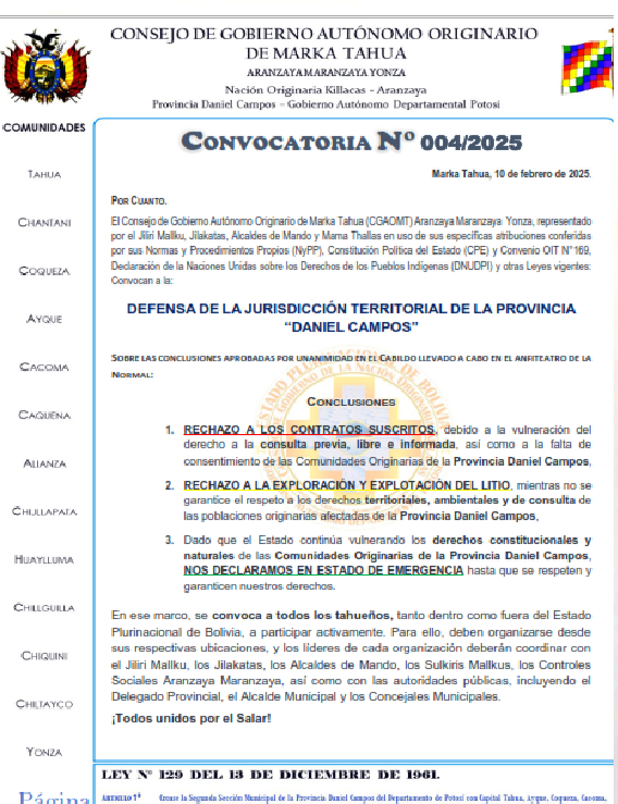 Convocatoria 004 | 2025 Defensa de la jurisdicción territorial de la provincia Daniel Campos