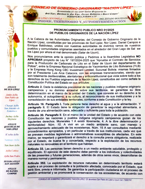 Pronunciamiento público de Pueblos originarios de la Nación Lipez | 2025