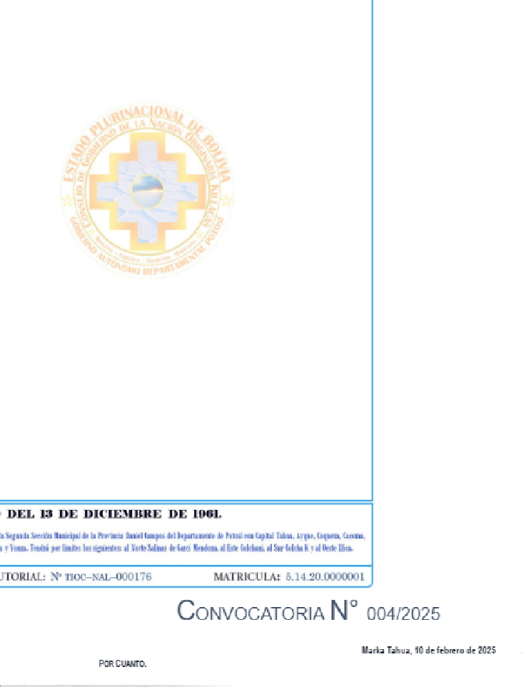 Convocatoria Defensa de la jurisdicción Daniel Campos | Gobierno Autónomo Originario Marka Tahua 2025