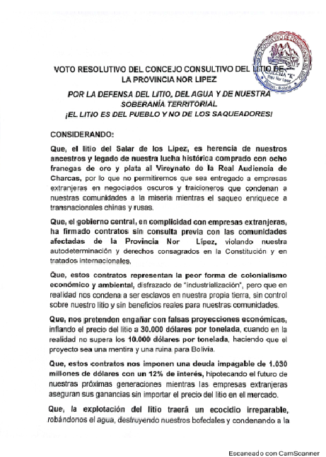 Voto Resolutivo del Consejo Consultivo del litio de la provincia Nor Lipez | 2025