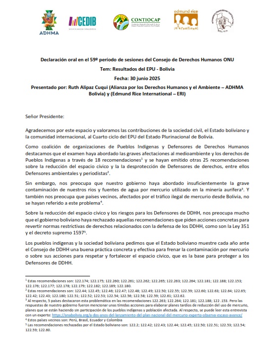 Declaración ADHMA. Resultados del EPU Bolivia 2025