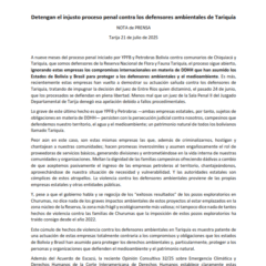 Nota de Prensa CONTIOCAP | Detengan el injusto proceso penal contra los defensores ambientales de Tariquía 21jul2025