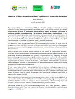 Nota de Prensa CONTIOCAP | Detengan el injusto proceso penal contra los defensores ambientales de Tariquía 21jul2025