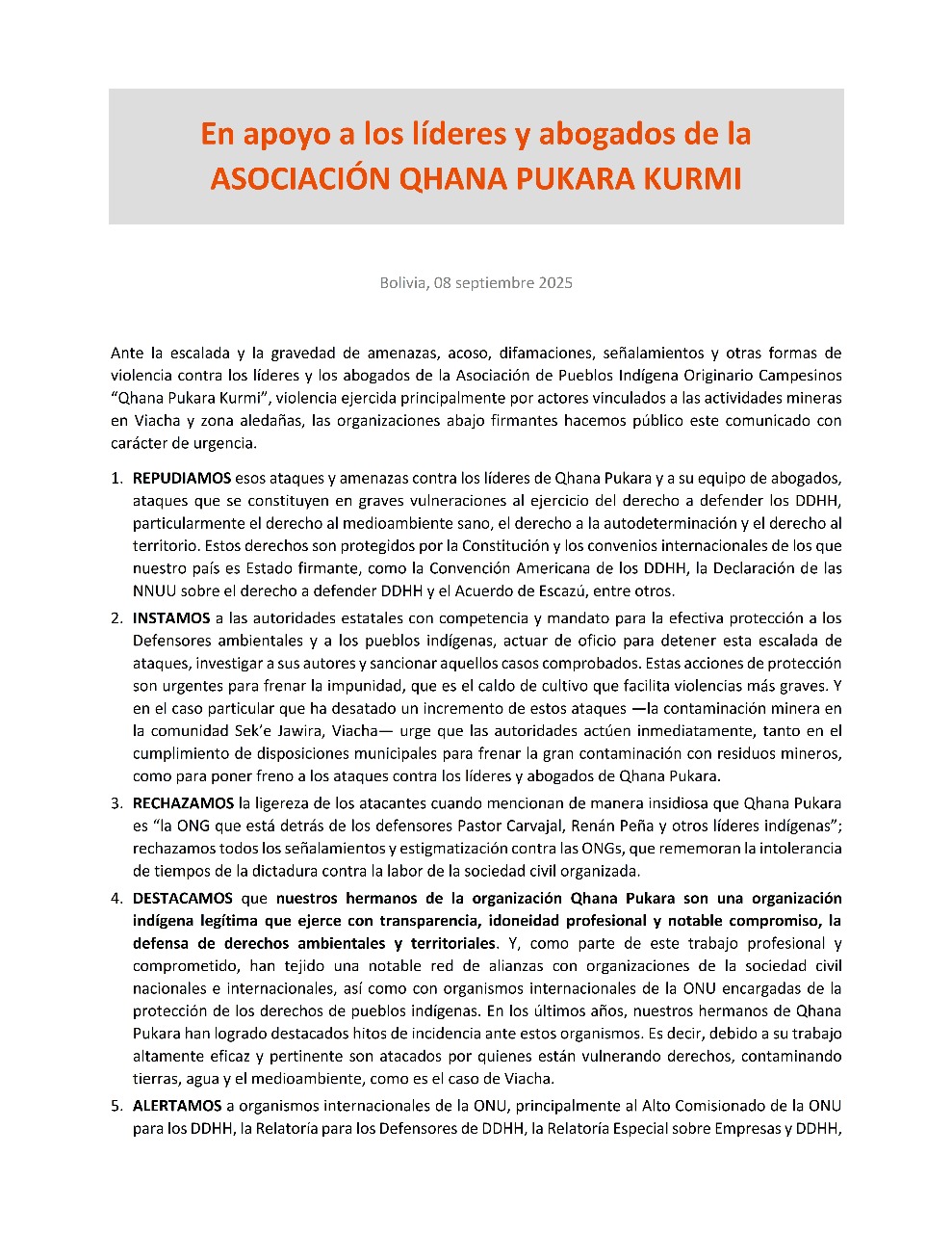 Pronunciamiento En apoyo a los líderes y abogados de la Asociación Qhana Pukara Kurmi | 9 sept 2025