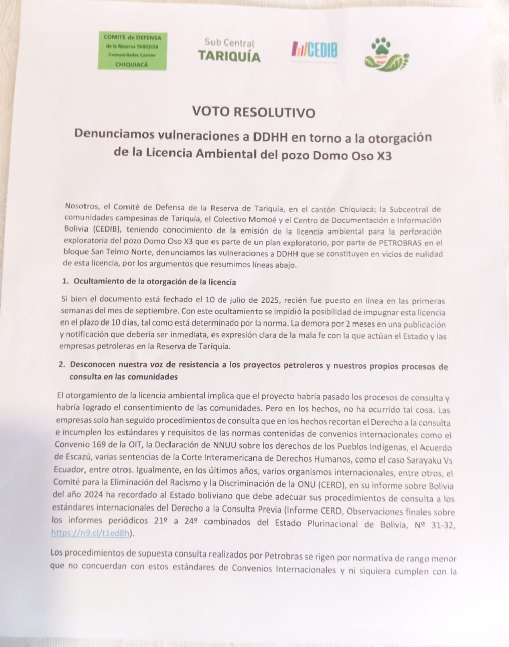Voto resolutivo | Denunciamos vulneraciones a DDHH en torno a la otorgación de Licencia ambiental Domo Oso X3