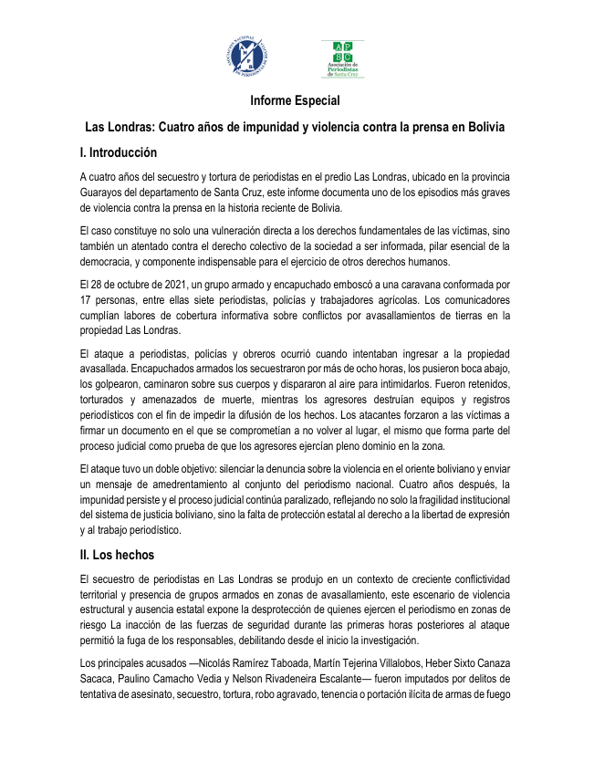 ANPB LAS LONDRAS Informe especial Las Londras | Cuatro años de impunidad y violencia contra la prensa en Bolivia