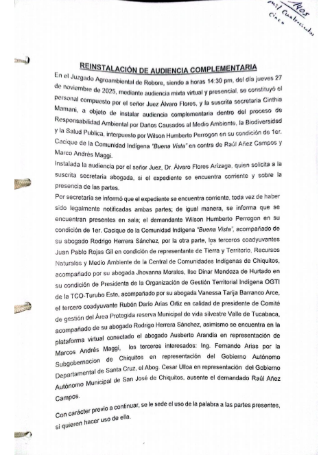 Reinstalación audiencia complementaria | Tribunal Agroambiental de Roboré
