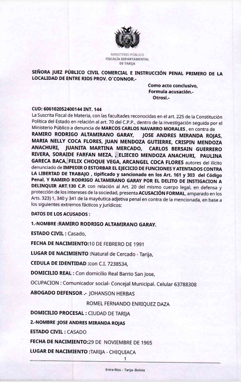 Acusación formal de la Fiscalía contra 12 procesados por el primer proceso penal Tariquía