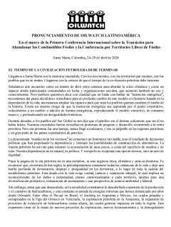 Pronunciamiento Oilwatch Latinoamérica