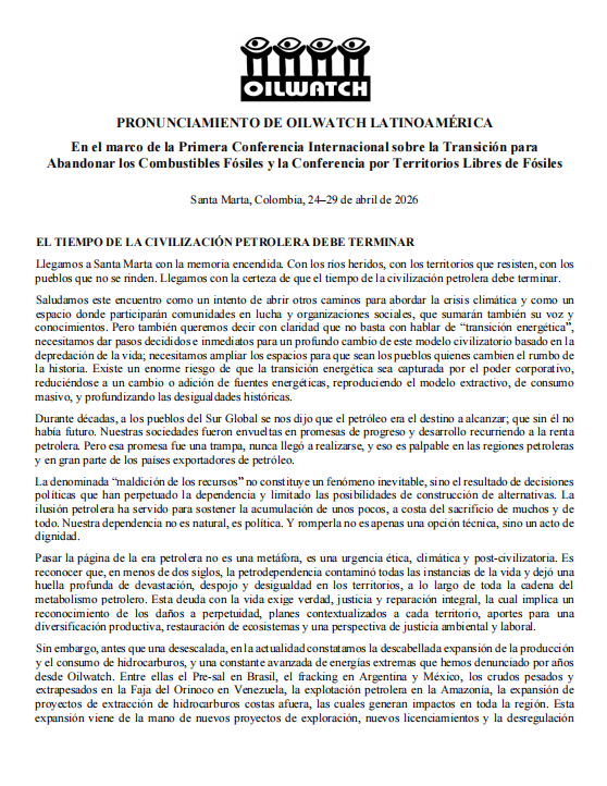 Pronunciamiento Oilwatch Latinoamérica